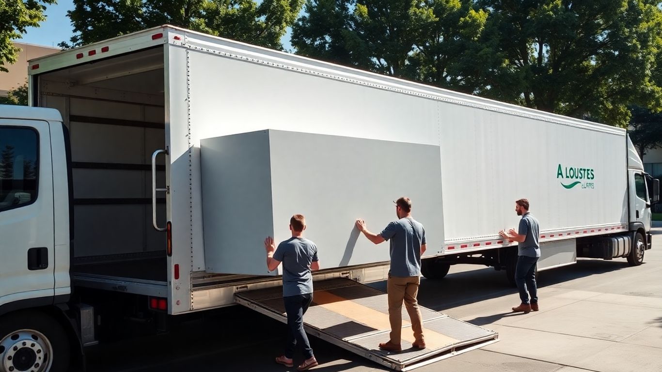 Movers loading office furniture onto a truck.