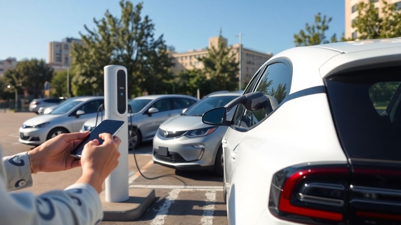 Mașină electrică încărcată la stație, persoană cu smartphone