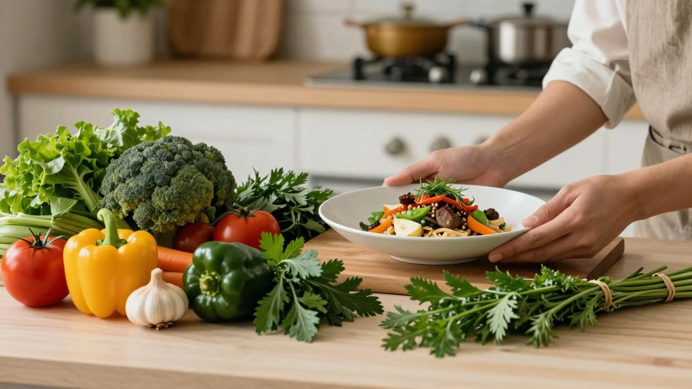 Home cooking business launch with fresh ingredients and plating.