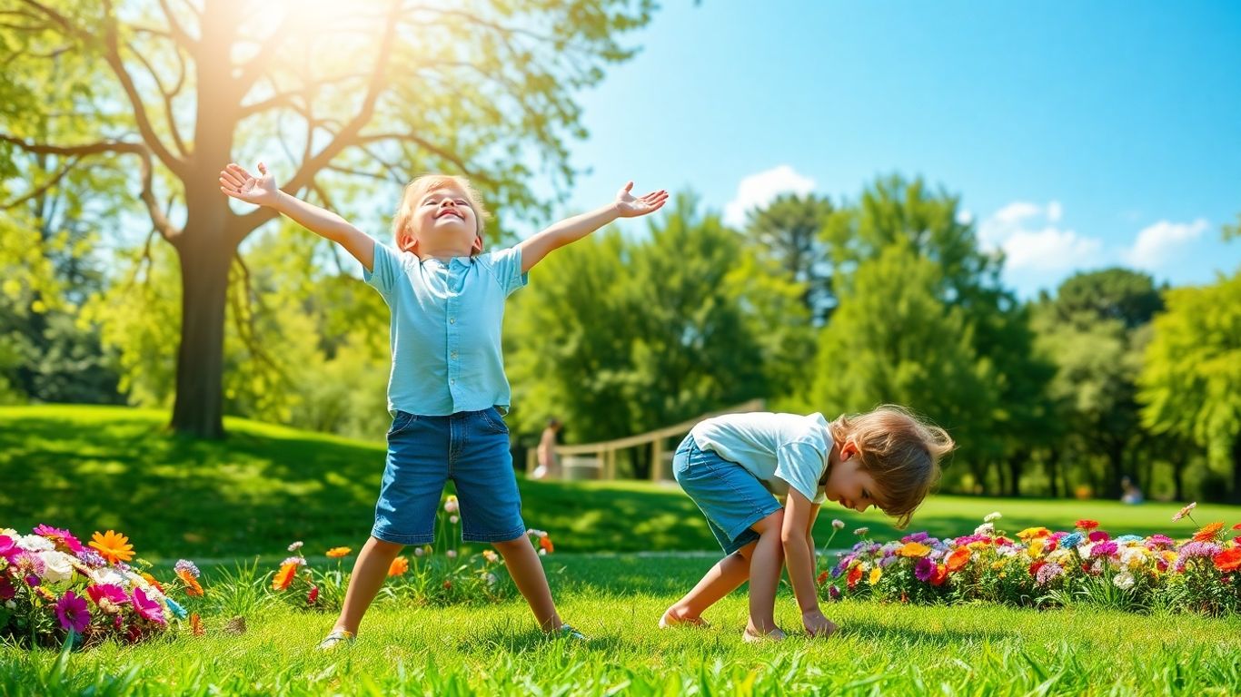 Kinder spielen und dehnen sich im Freien