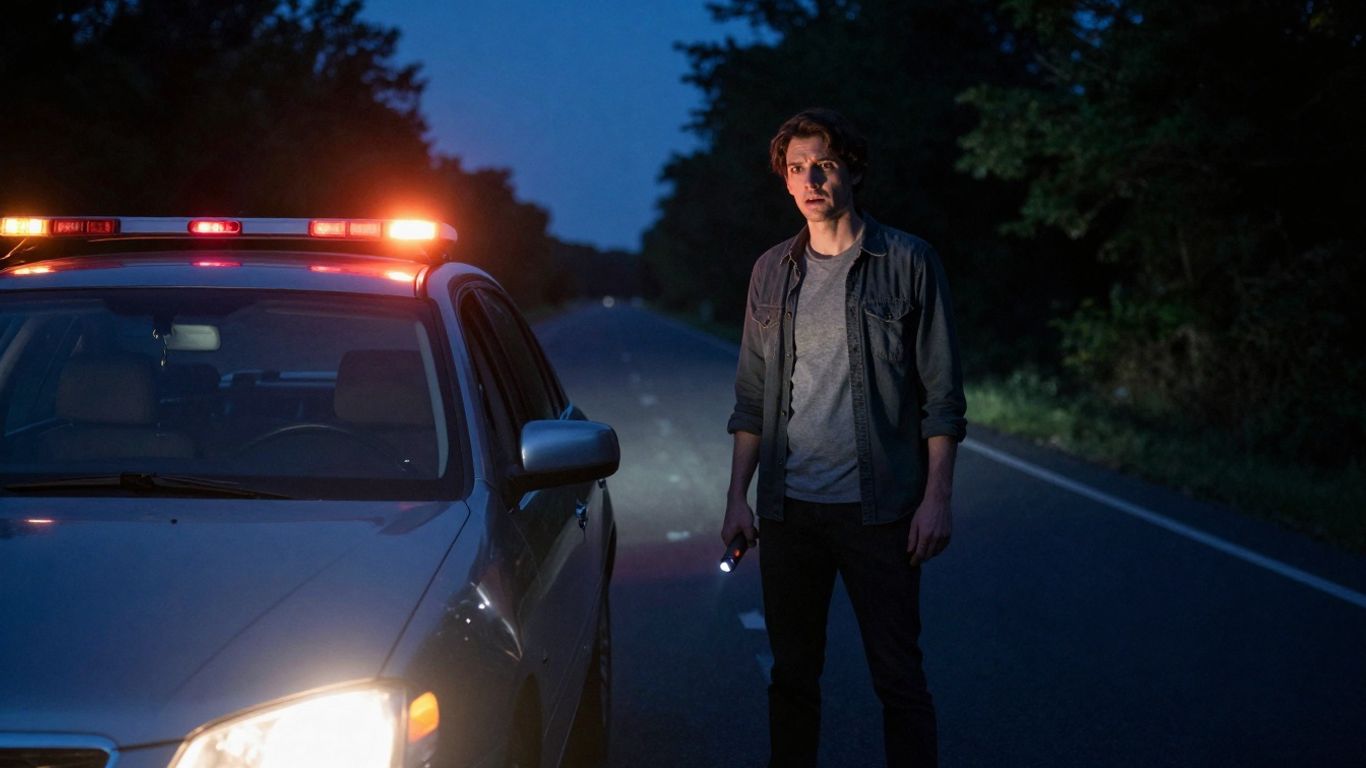 Car broken down at night, driver staying calm.