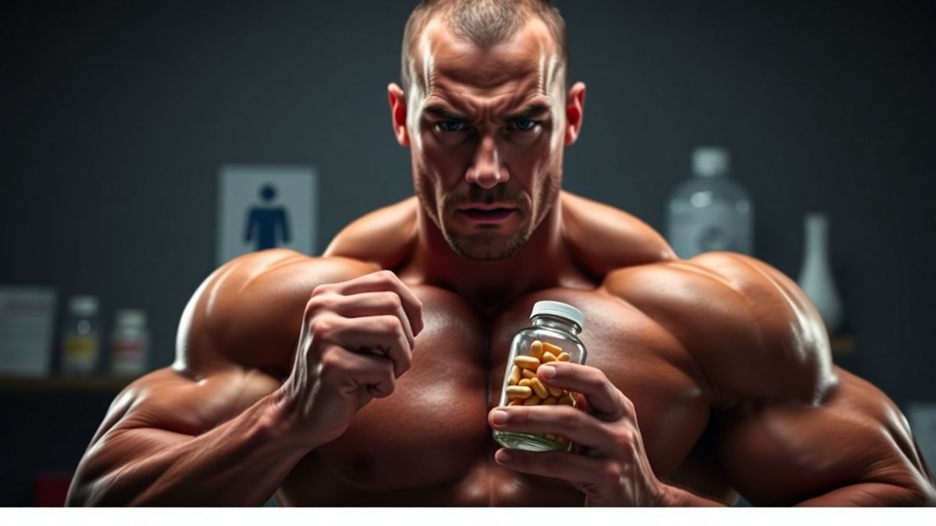 Bodybuilder with pills, health and performance.