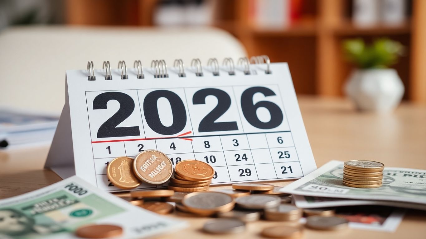 Calendrier 2026 avec pièces et billets, planification retraite.