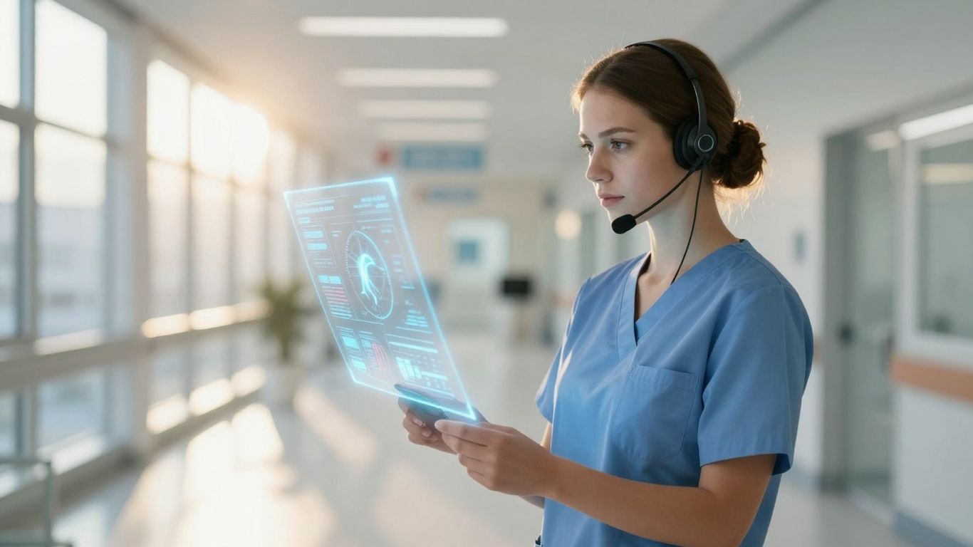 Nurse using digital interface in modern hospital