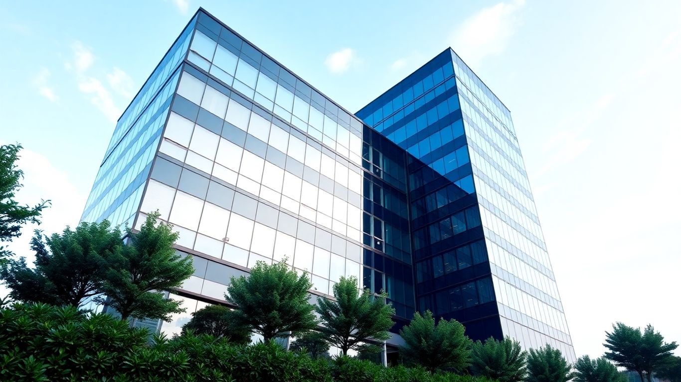 Prédio corporativo moderno com paisagismo verde.