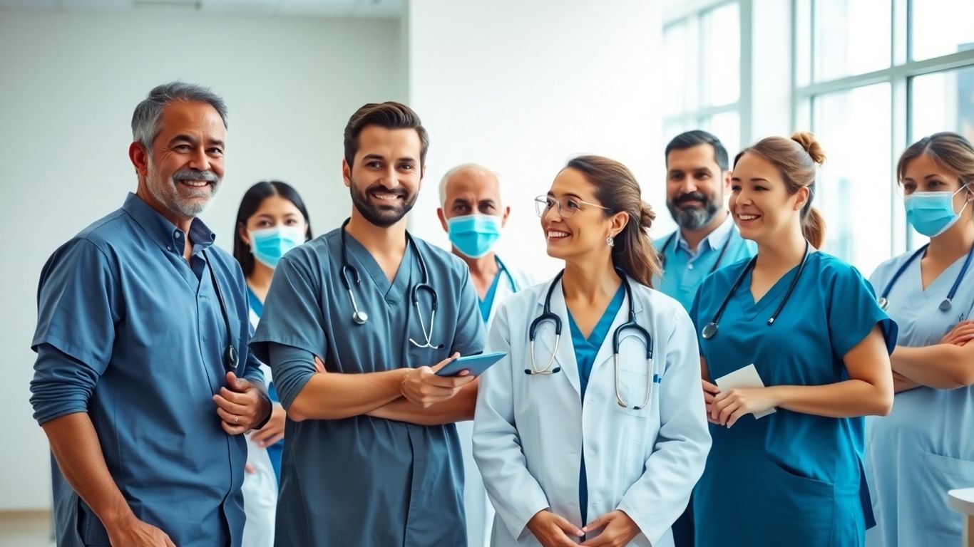Gesundheitspersonal arbeitet zusammen in einem modernen Krankenhaus.