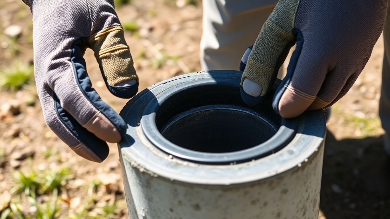 Homeowner inspecting well seal with gloved hands.