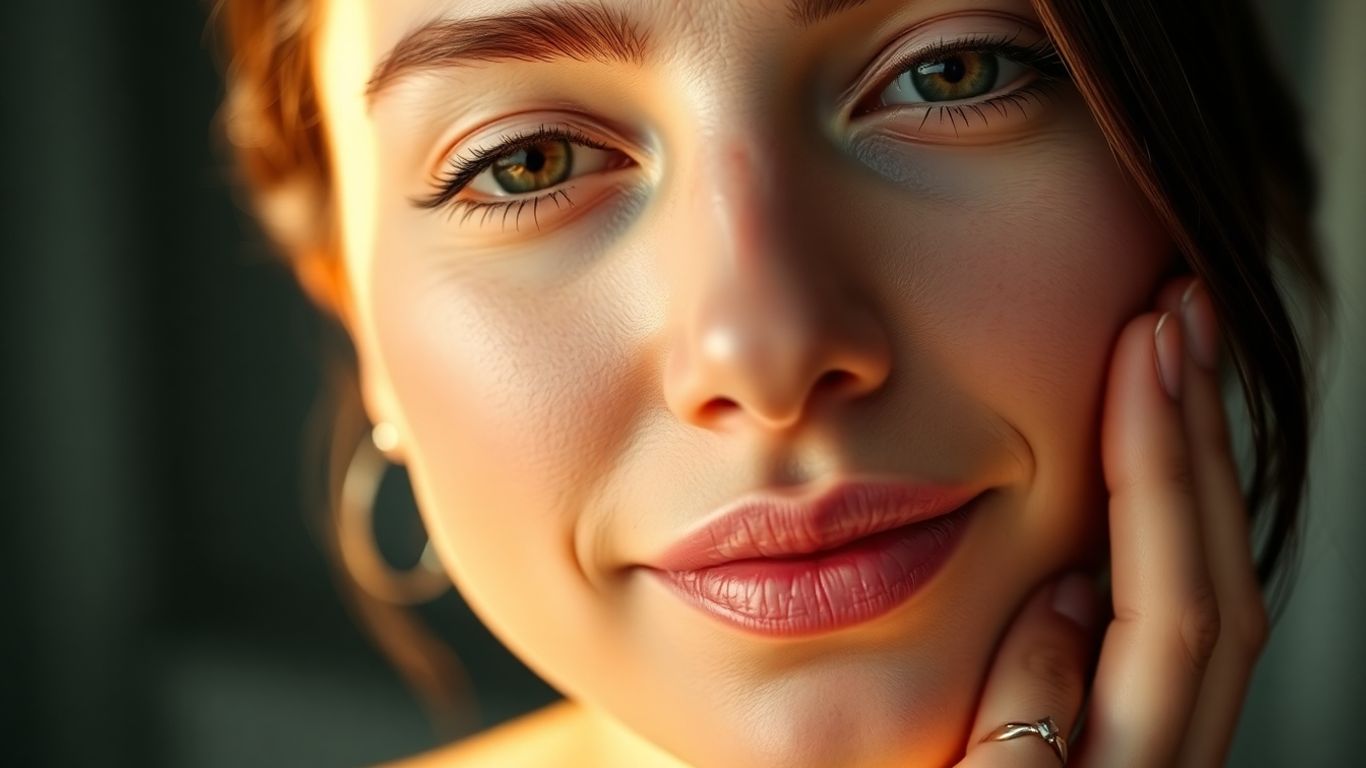 Woman's face with even-toned, glowing skin at night.