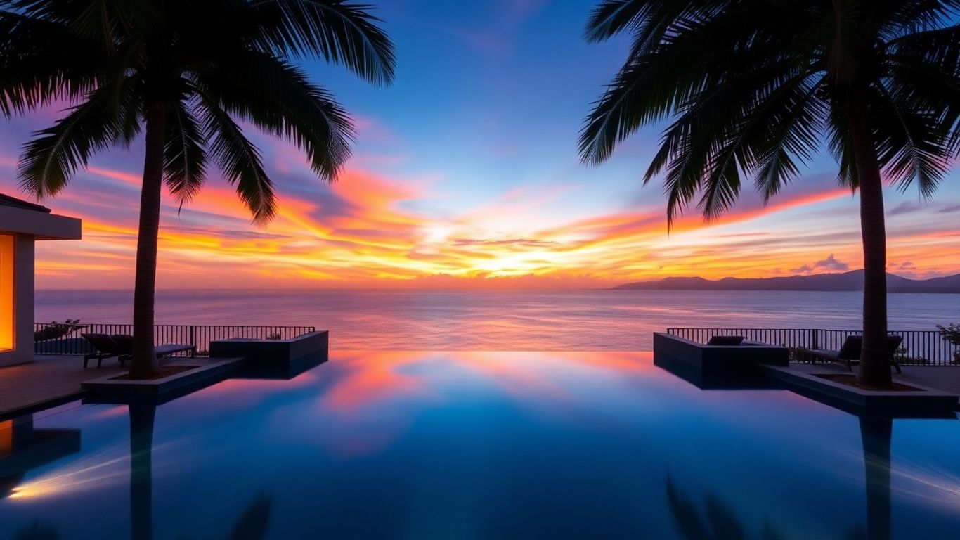 Infinity pool at sunset overlooking the Andaman Sea in Phuket.