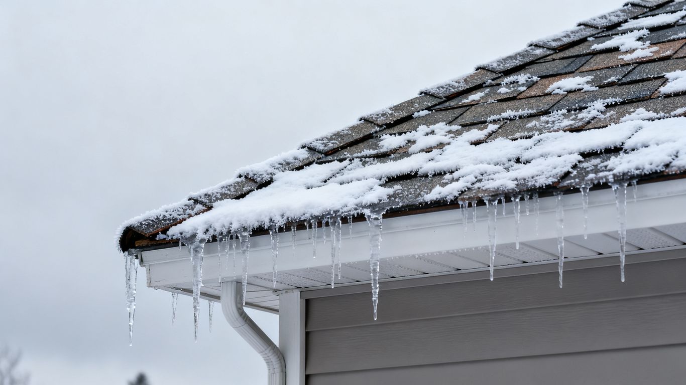 Snow-covered roof with icicles during winter.