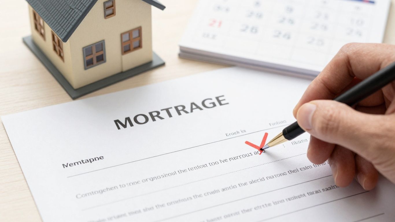 House with mortgage document and calendar, hand canceling obligation.