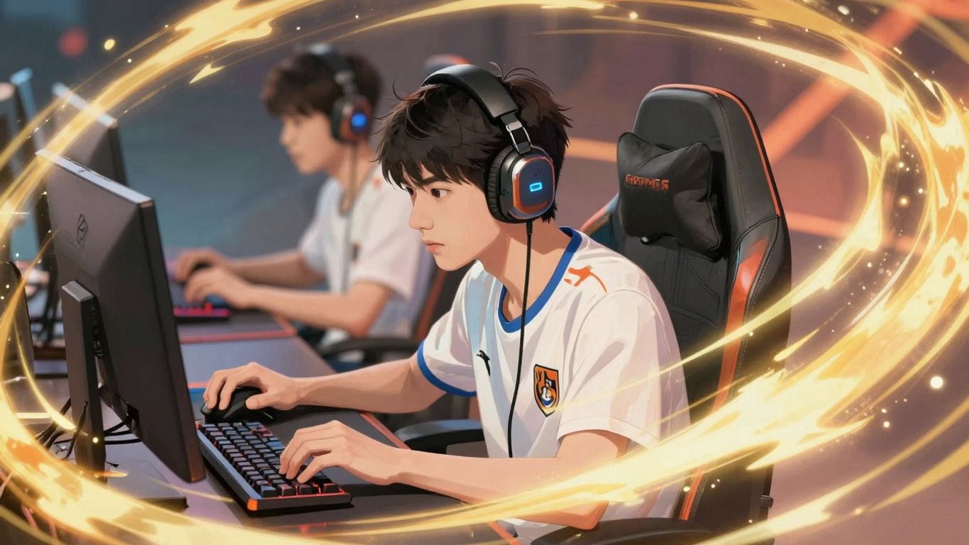 Esports player intensely focused during a competitive video game.