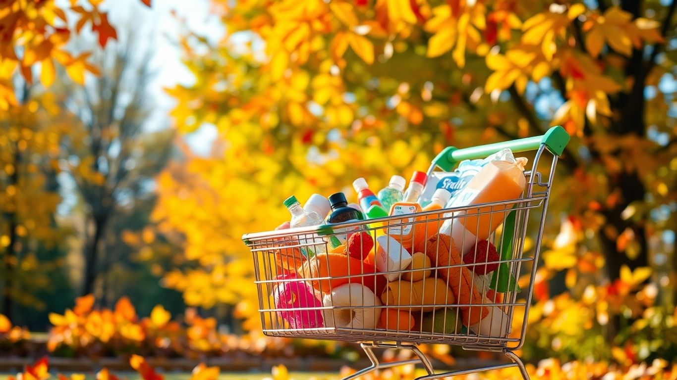 Autumn leaves and a full shopping cart