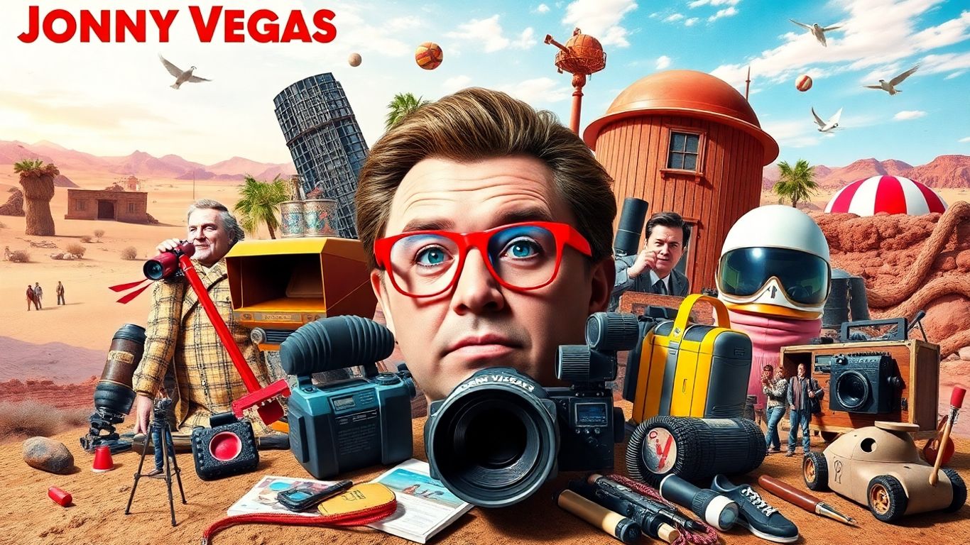 Collage of desert, urban, and quirky objects from Johnny Vegas films.