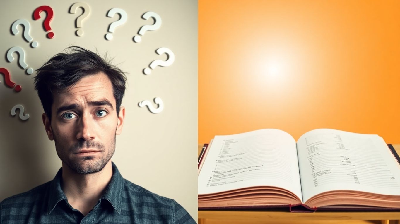 Confused person and open ledger book symbolizing transparency.