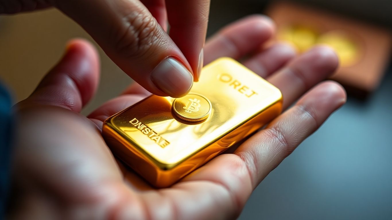 一只金手拿着一根金条，另一只手又往里加了一枚硬币。