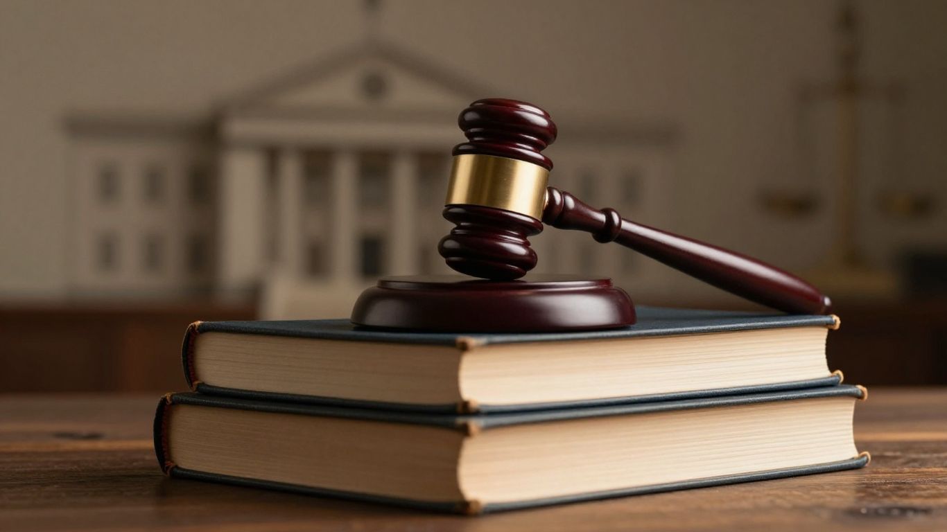 Gavel on old books with courthouse silhouette.