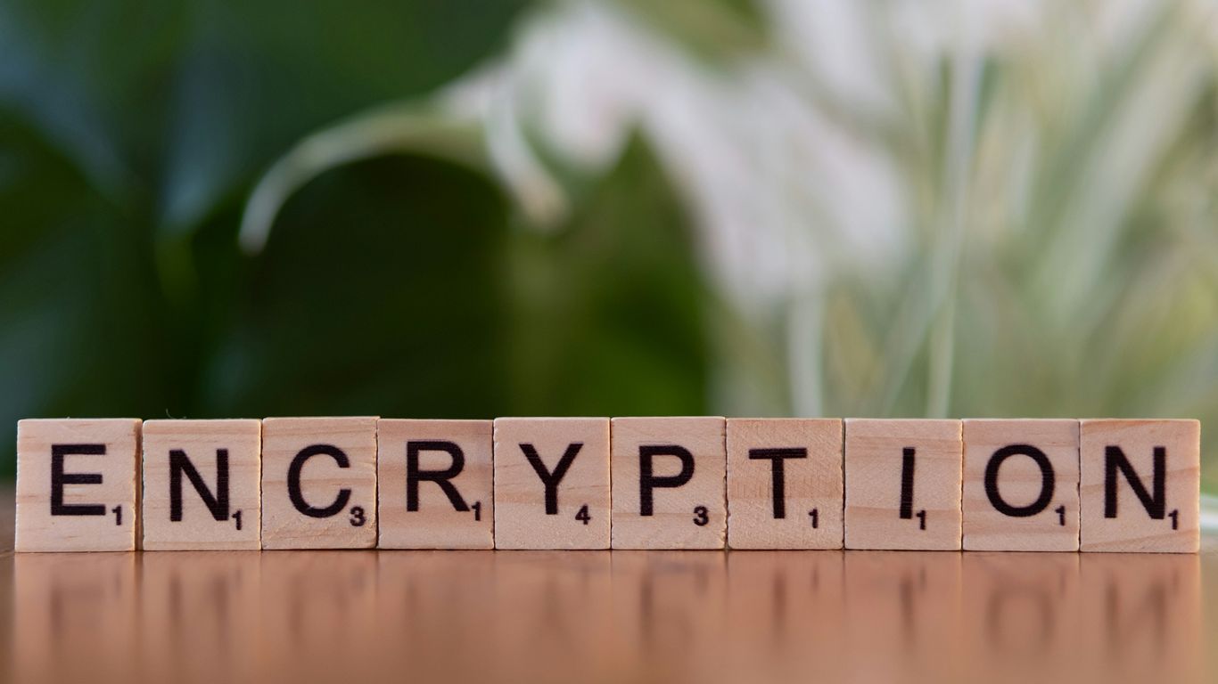 A wooden block spelling the word encryption on a table