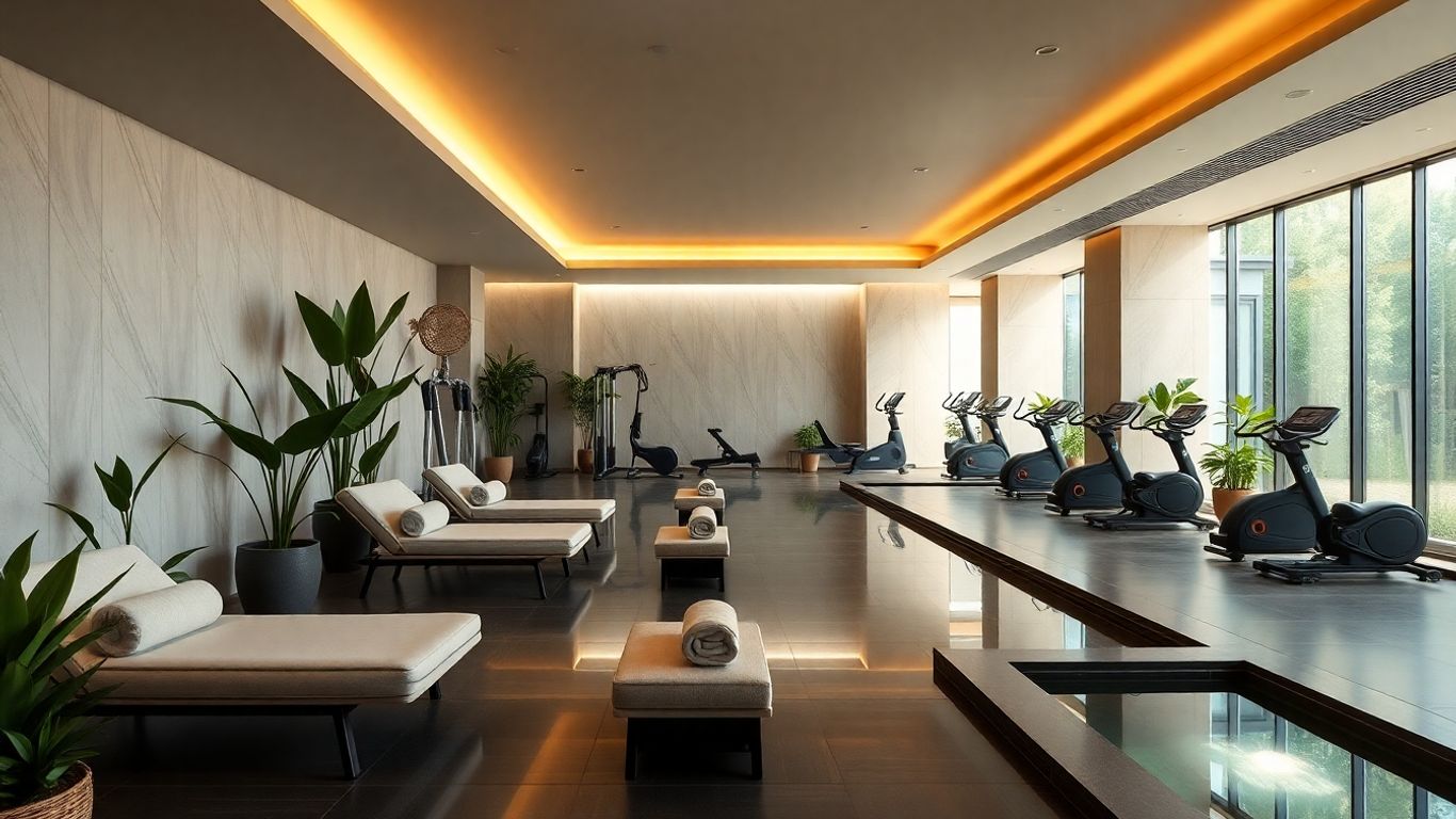 Luxurious spa interior with gym and greenery
