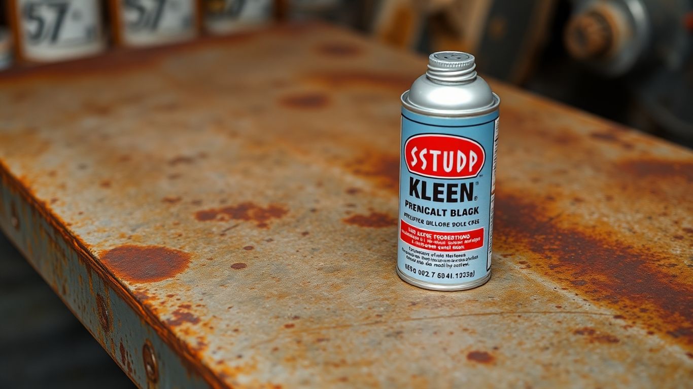 Stud Kleen can next to a rusty metal surface.