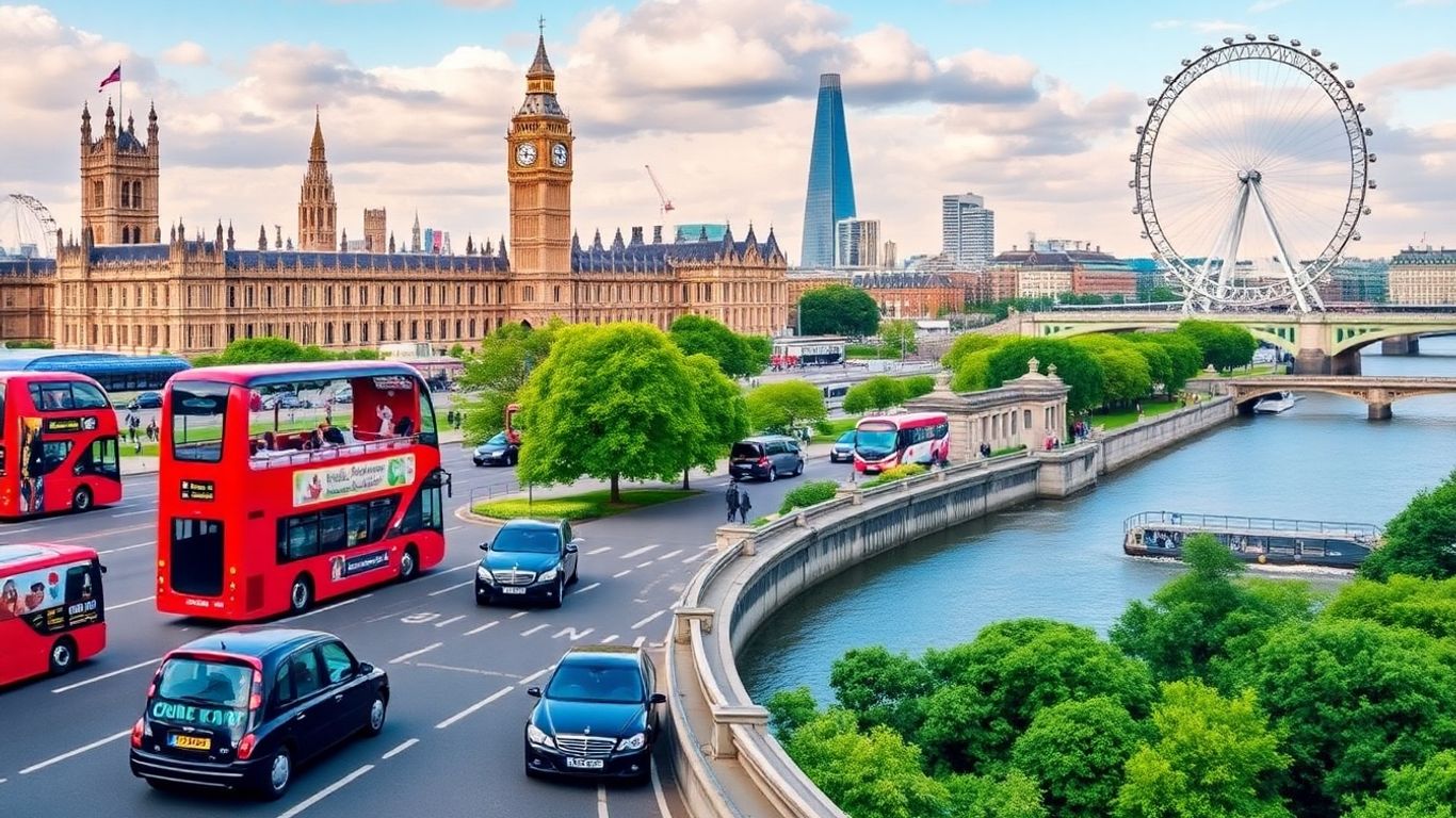 Iconic London landmarks and transport in a vibrant photographic montage.