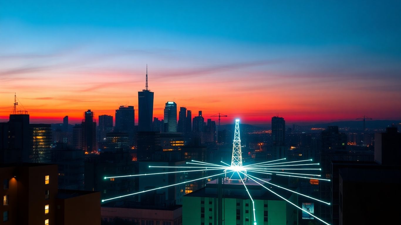 Urban microgrid powering a city skyline.