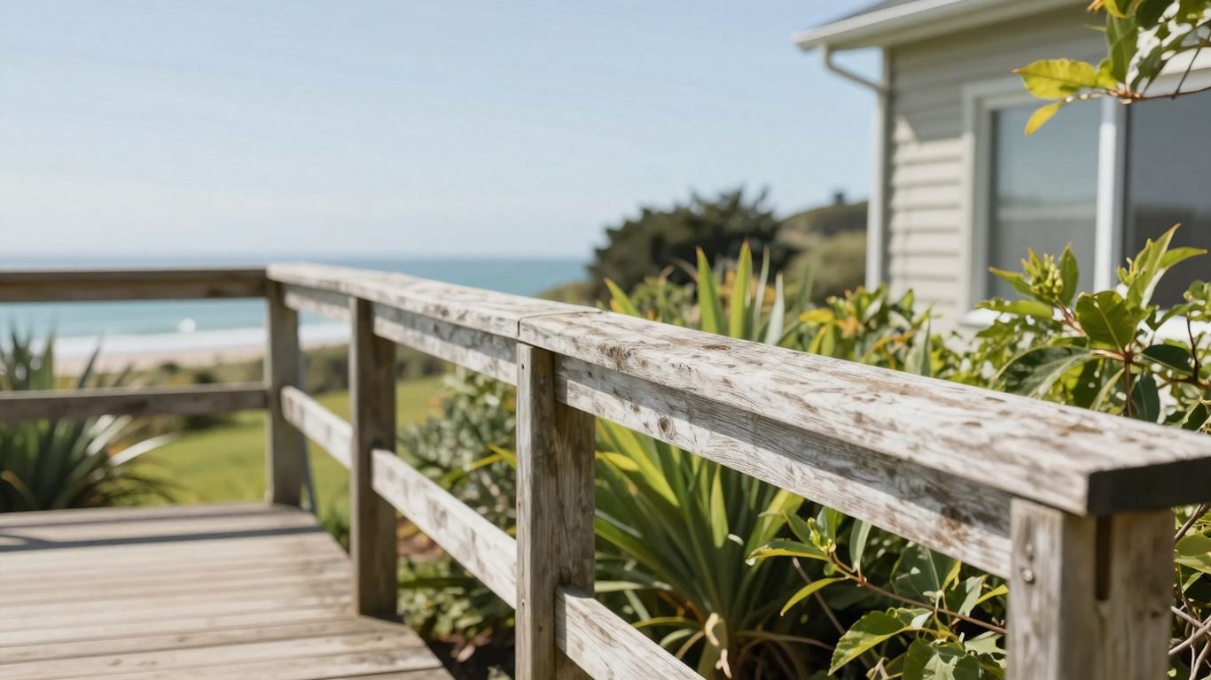 Wooden deck in a New Zealand garden.