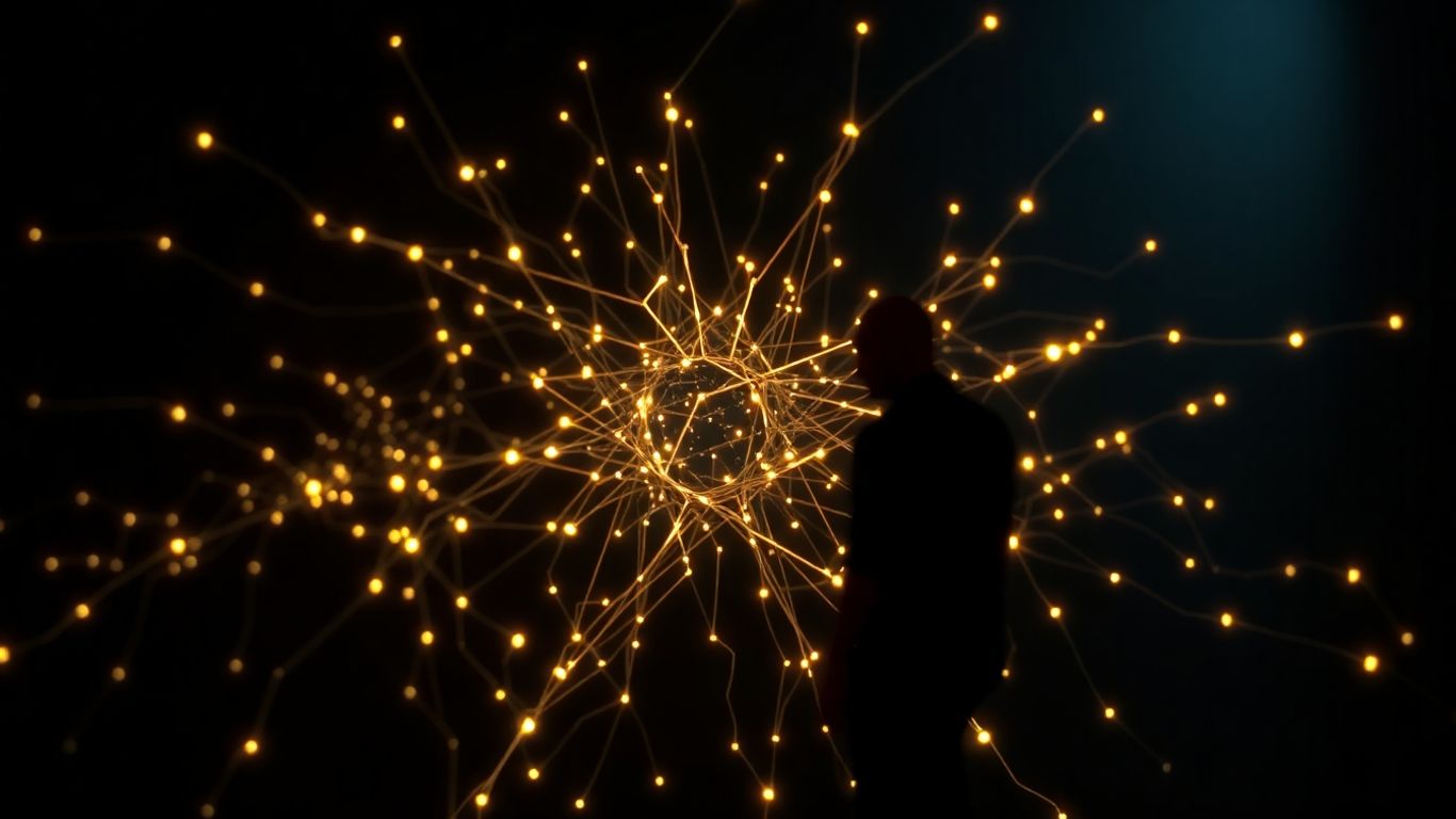 Network diagram with shadowy figure examining it.