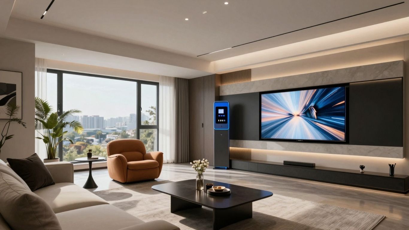 Modern apartment living room with integrated smart home technology.
