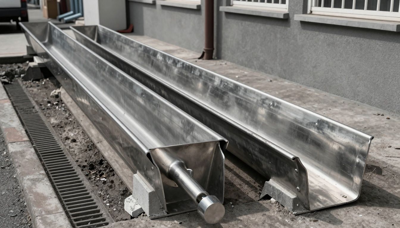 Stainless steel drainage channel vs boxed cast in situ concrete drainage channel, clean fabrication, and robust installation in urban and industrial setting