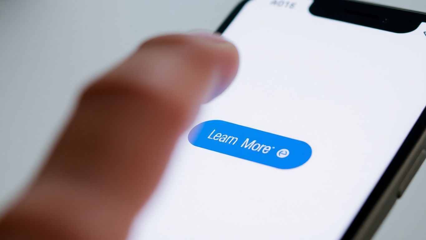 Finger about to click a 'Learn More' button on a phone.