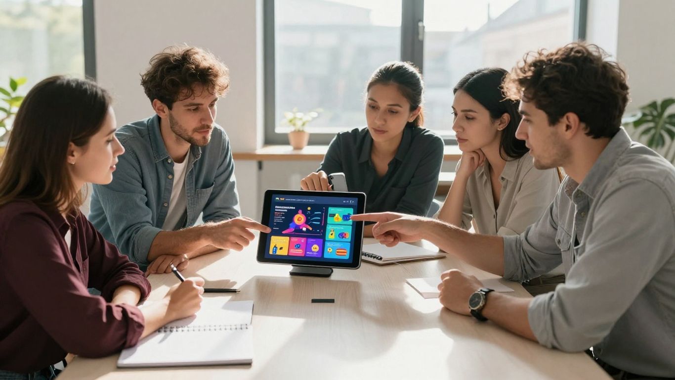 Team discussing digital marketing strategy on a tablet.