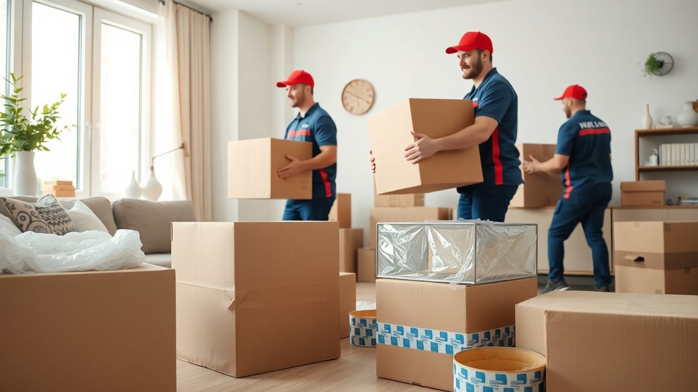 Movers packing with quality materials in living room