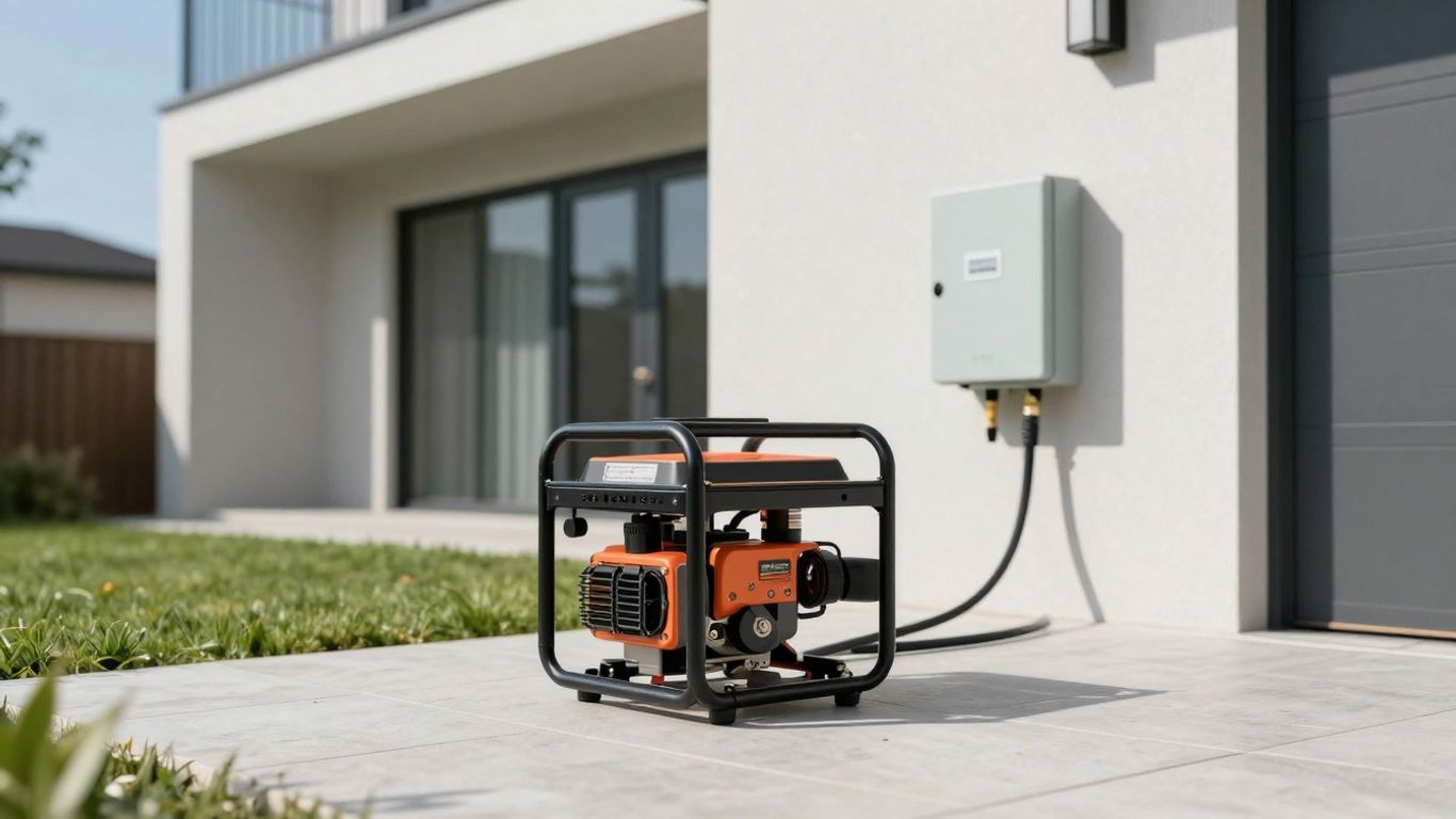 Home generator connected to house during daylight.