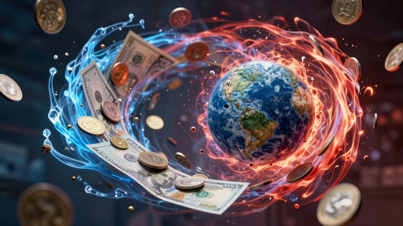 Vortex de bani și glob pământesc distrus, simbolizând criza economică.