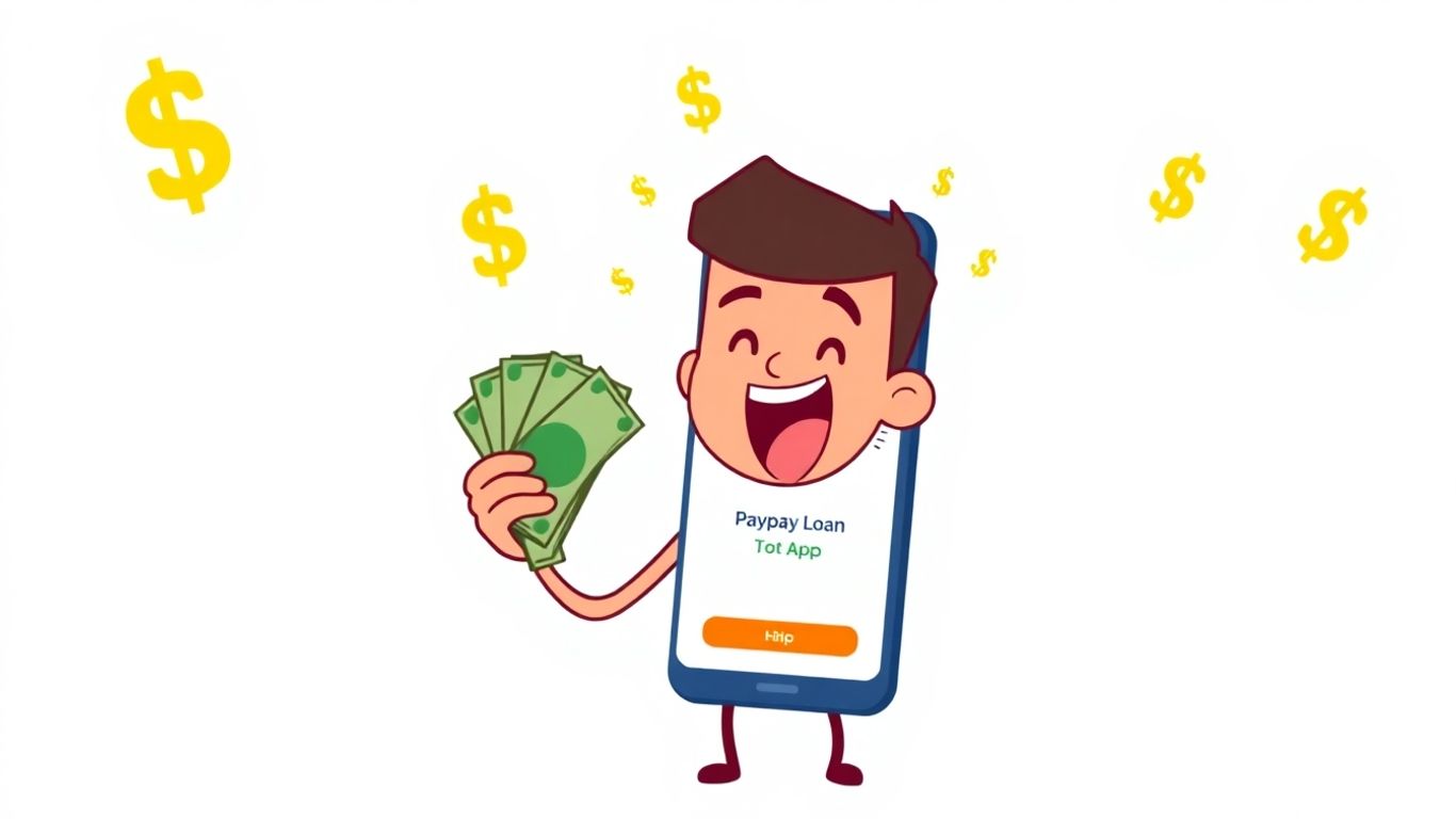 Cartoon character holding cash with payday loan app.