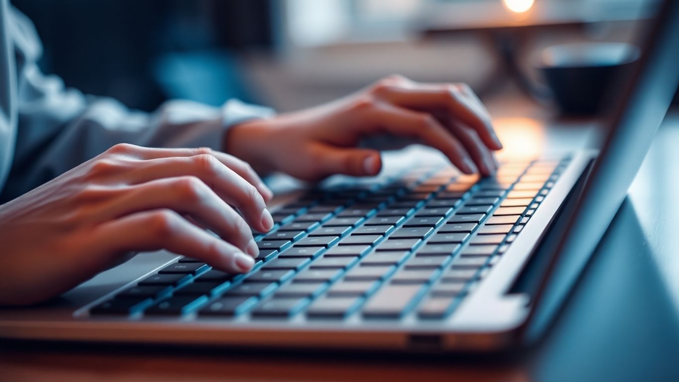 Hands typing on a keyboard, interacting with AI.