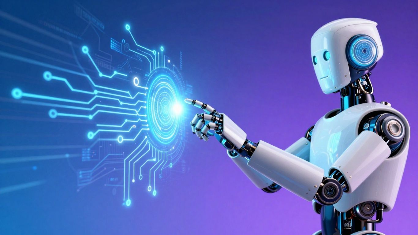 AI automation infographic with robot and digital circuits.