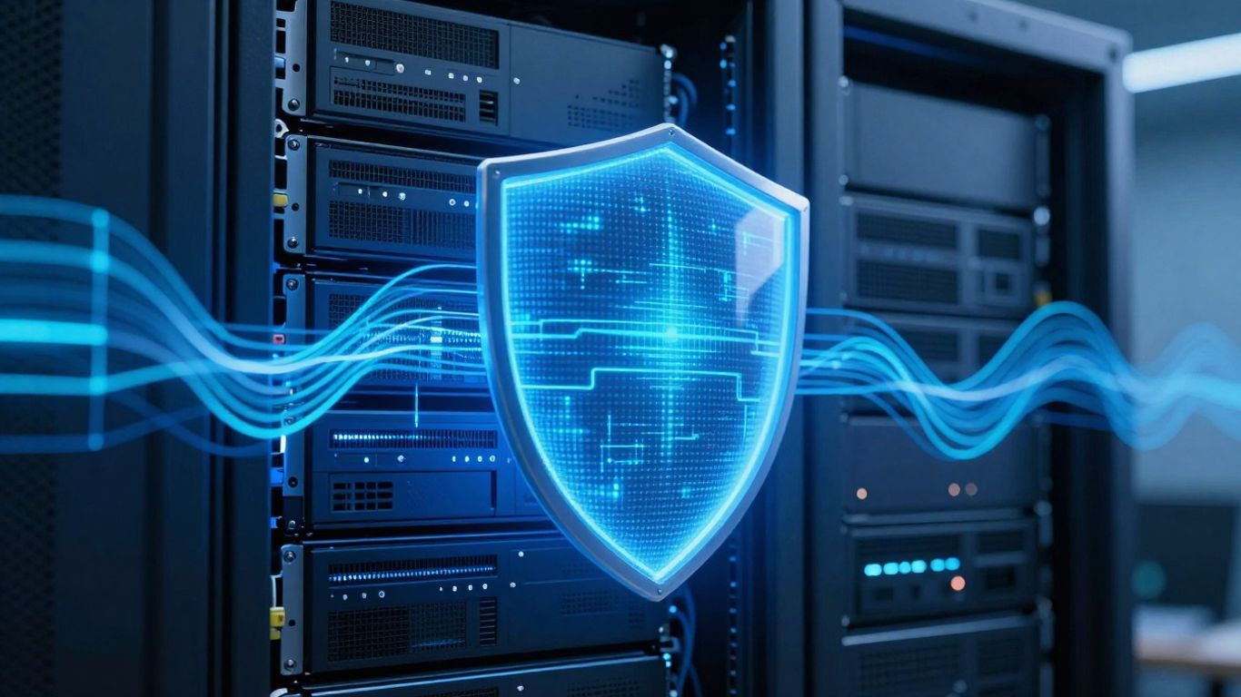 Secure server rack with digital shield and data streams.