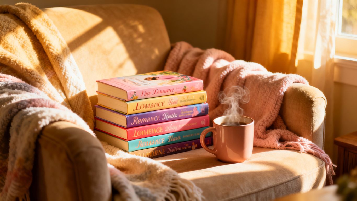 Cozy reading nook with romance novellas and a warm drink.