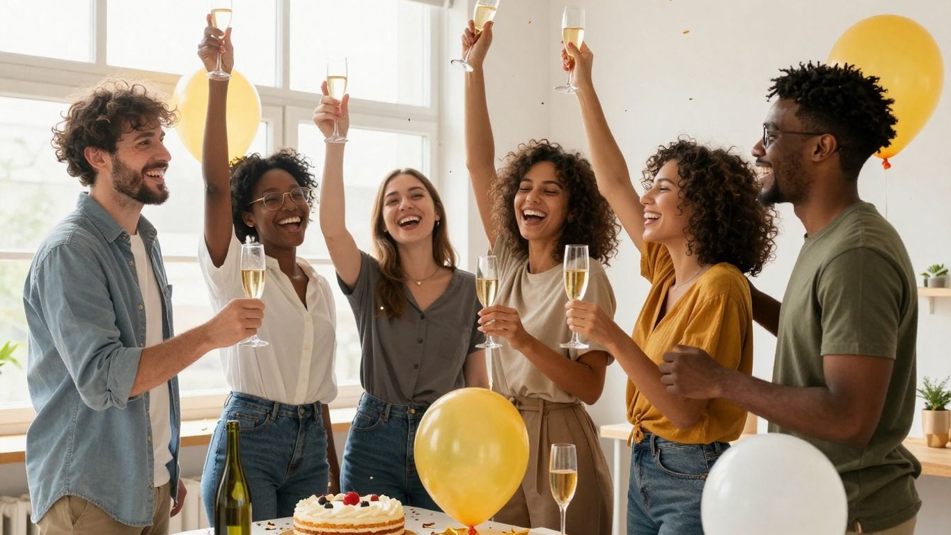 Vrolijke collega's vieren een afscheidsfeest met champagne en confetti.