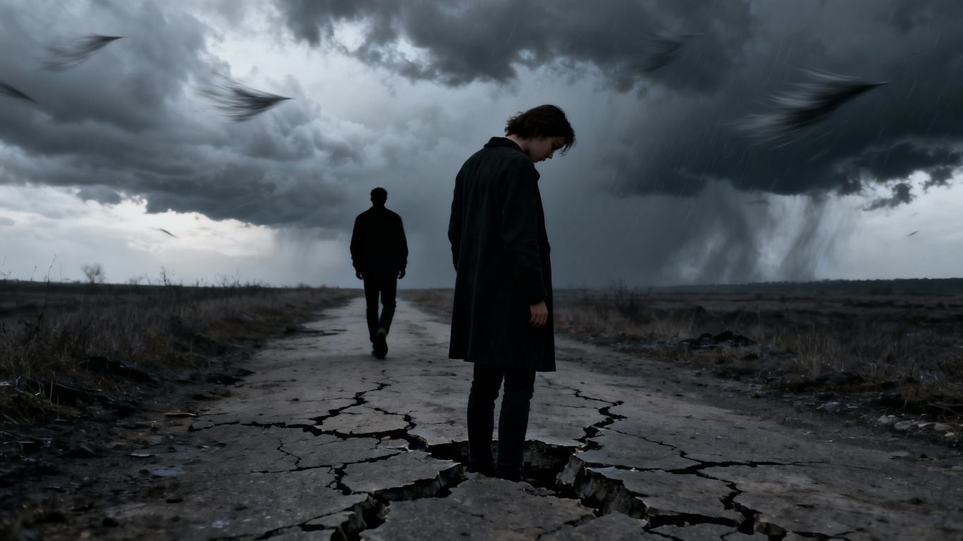 Couple walking away from each other on a broken path.