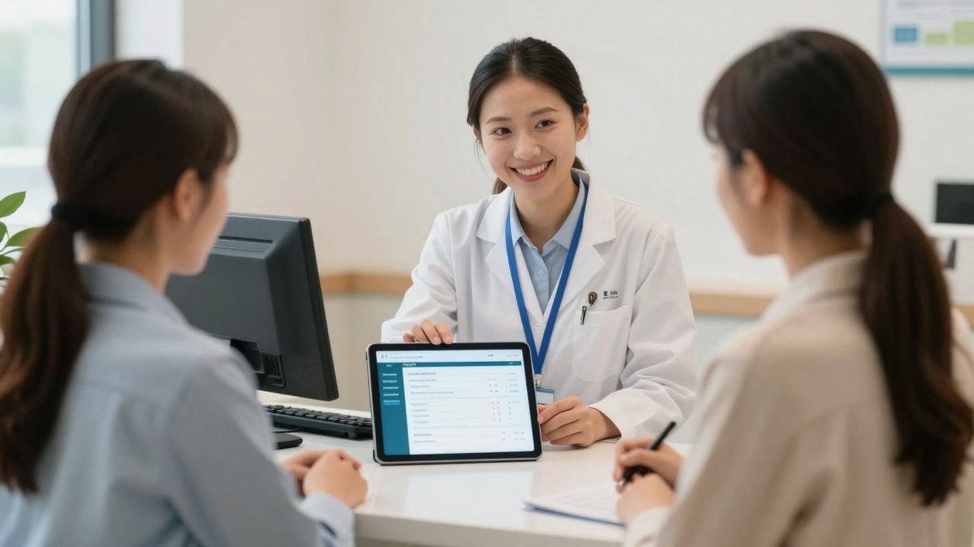 Clinic receptionist using tablet for patient management.