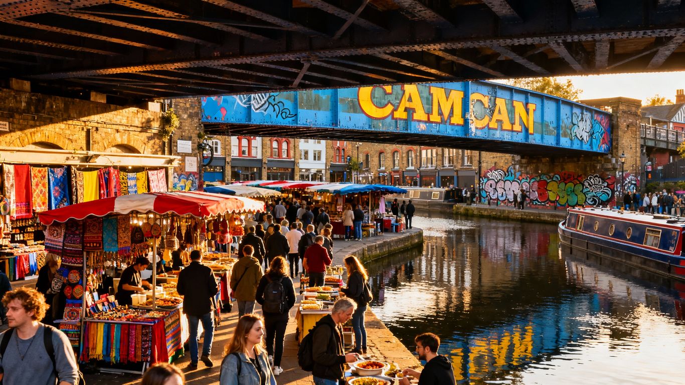 Camden Market stalls and Lock in London