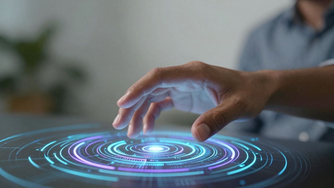 Human hand interacting with a glowing digital interface.