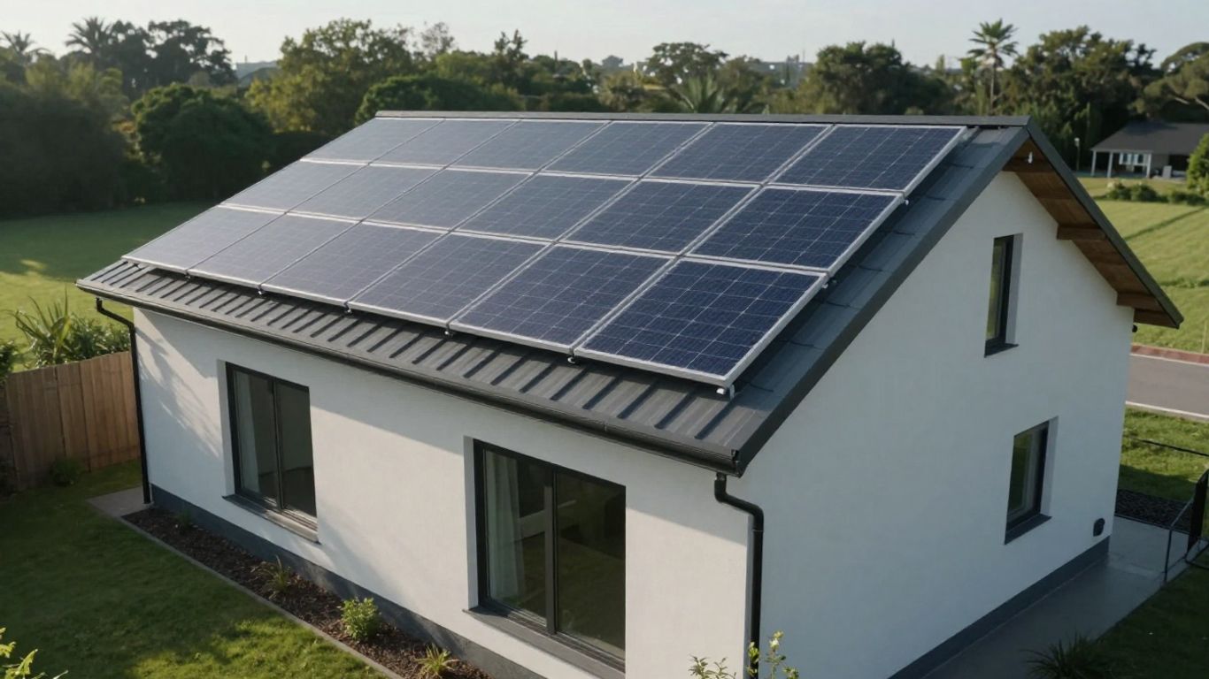 Maison avec panneaux solaires sous le soleil.