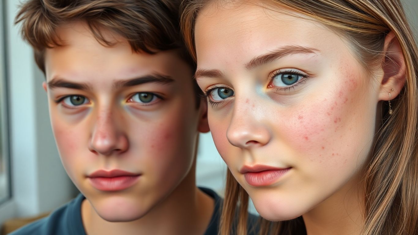 Adolescentes com acne, rosto visível, expressão neutra, foto realista.