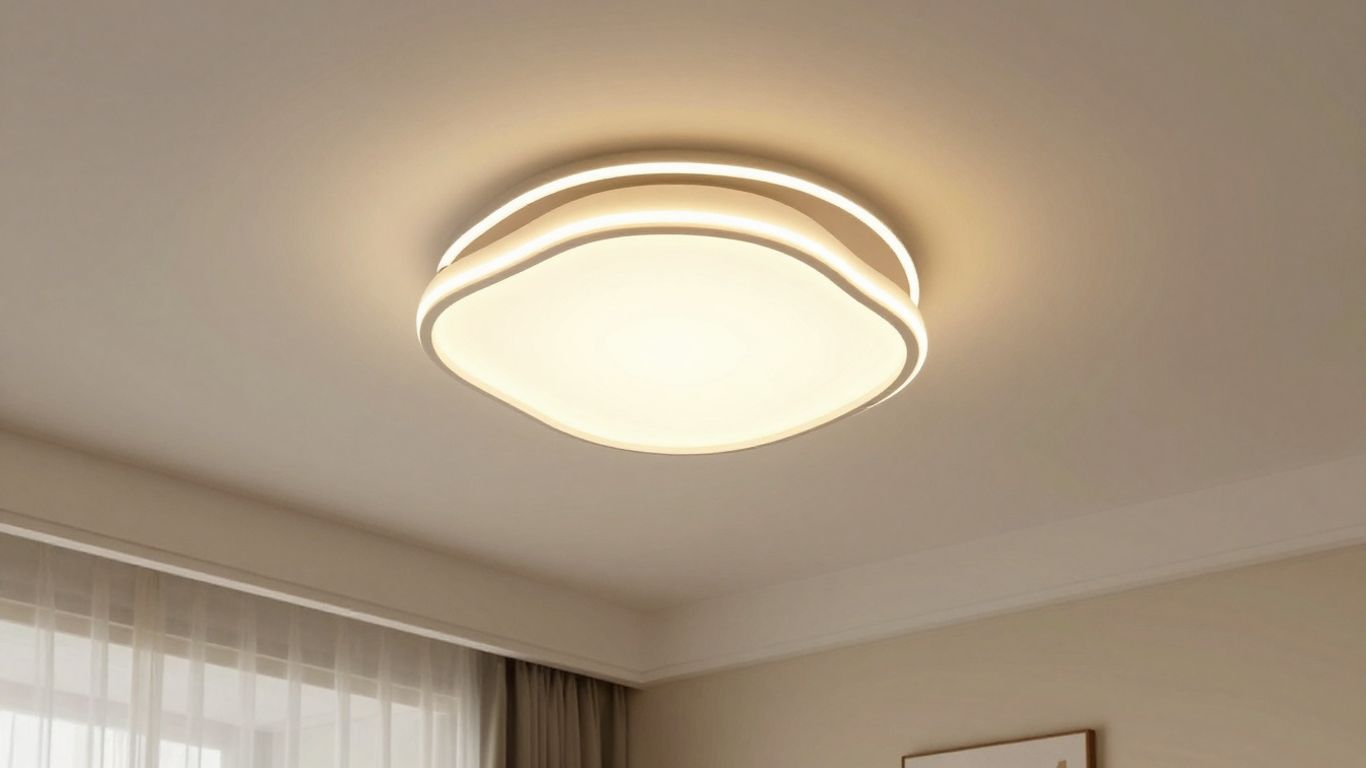 Modern bedroom ceiling light fixture casting warm glow.