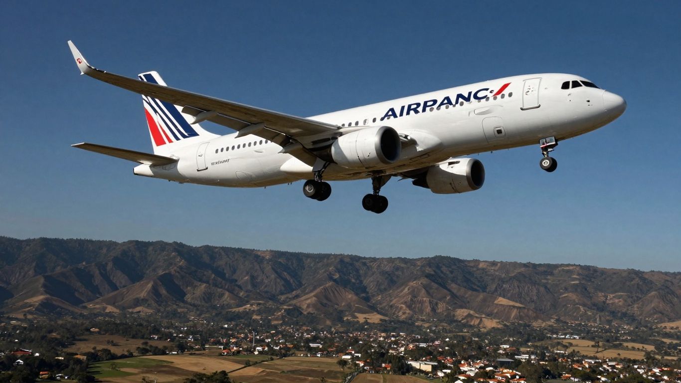 Un avion d'Air France survolant un paysage américain pittoresque.