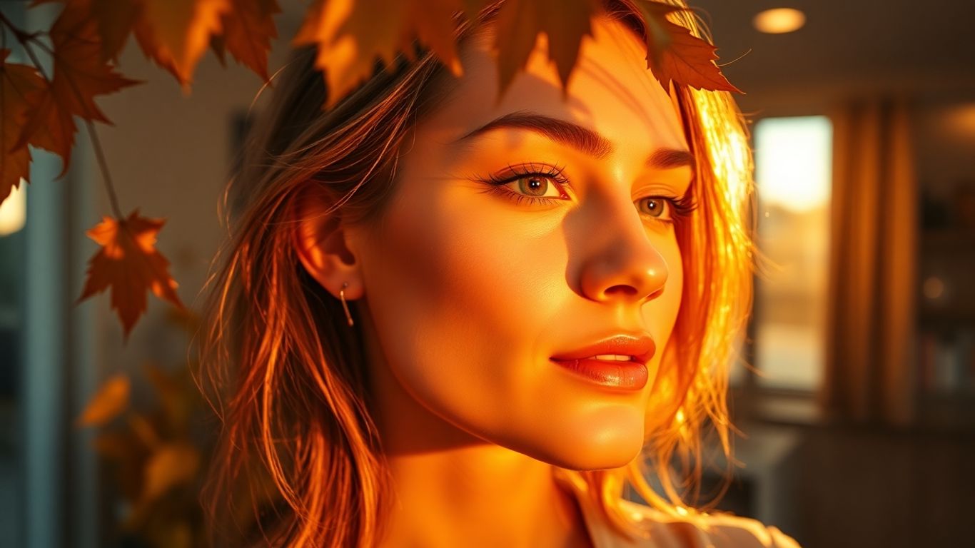 Autumnal skin rejuvenation with glowing skin and leaves.